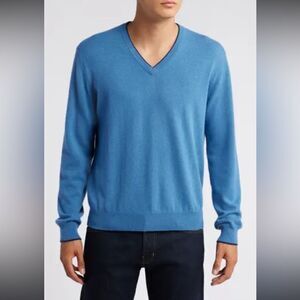 Alan Paine Vintage Cashmere V-neck Pullover Sweater In Blue Size XL